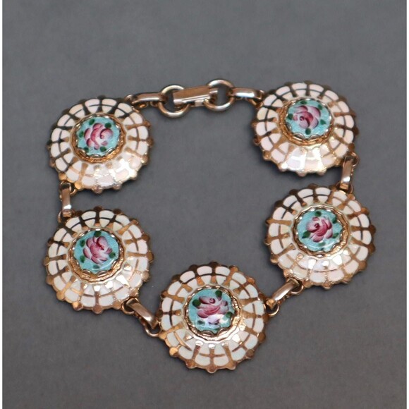 Vintage Guilloche Enamel Rose Bracelet Sunburst - Picture 1 of 5